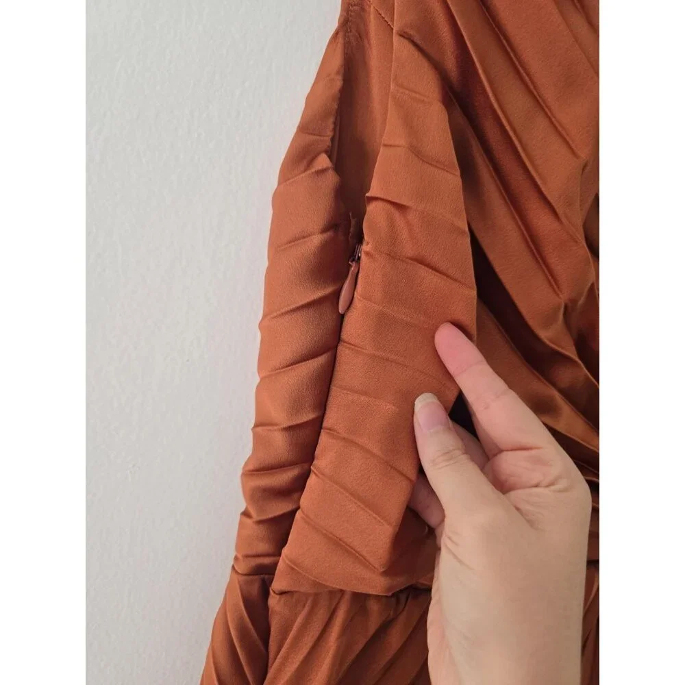 Abercrombie Fitch Giselle Pleated One Shoulder Maxi Copper Terracotta Dress XSP